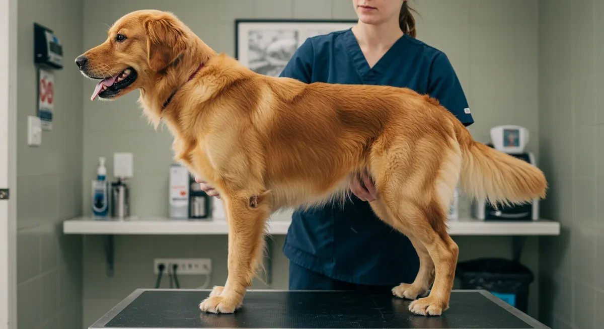 Veterinarian's hands examining a Golden Retriever's ribcage to demonstrate proper body condition scoring technique for detecting weight issues