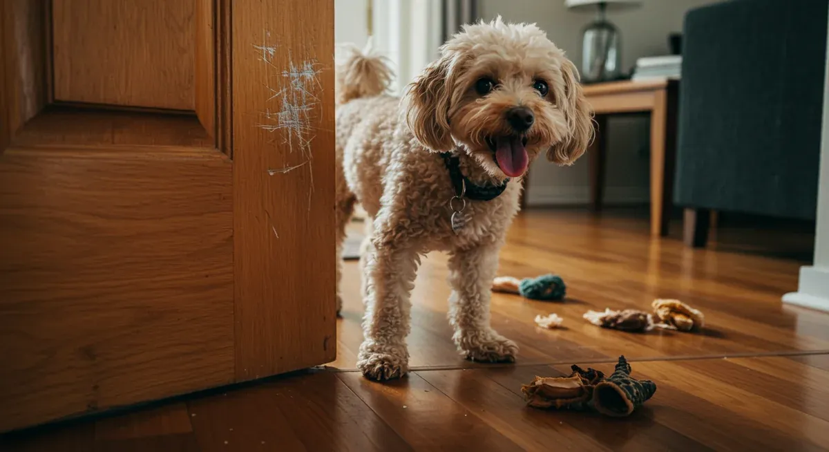 A distressed white Toy Poodle panting by a scratched door with chewed items scattered on the floor, demonstrating classic separation anxiety symptoms