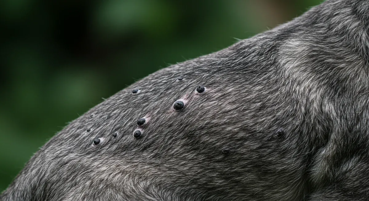 Close-up view of a Schnauzer's back showing small dark spots characteristic of Schnauzer Comedo Syndrome, demonstrating the visual symptoms owners should watch for
