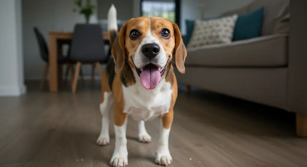 A Beagle showing visible signs of separation anxiety including panting, worried expression, and tense posture in a home setting