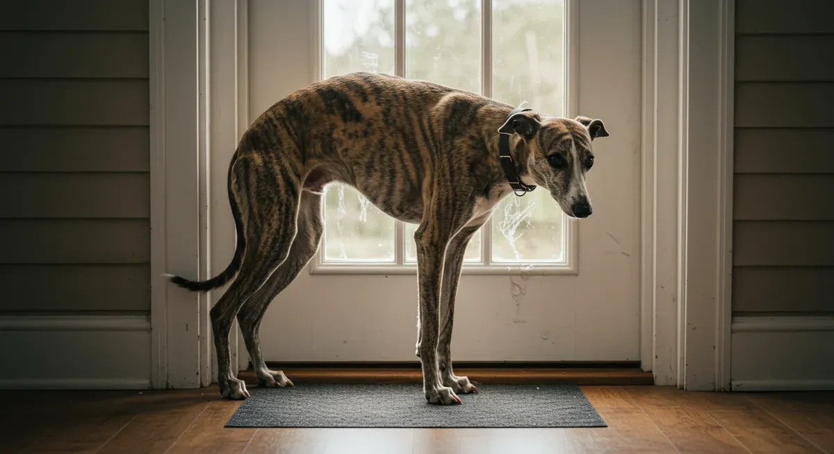 A brindle Whippet displaying separation anxiety symptoms by pacing near a scratched front door, demonstrating the destructive behavior focused on exits that distinguishes separation anxiety from other behavioral issues