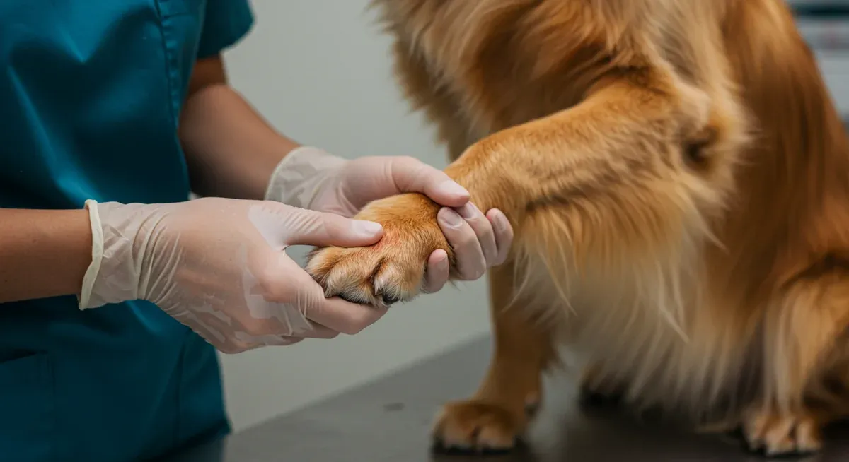 Close-up of a Golden Retriever's paw showing signs of food allergy irritation being examined by a veterinarian