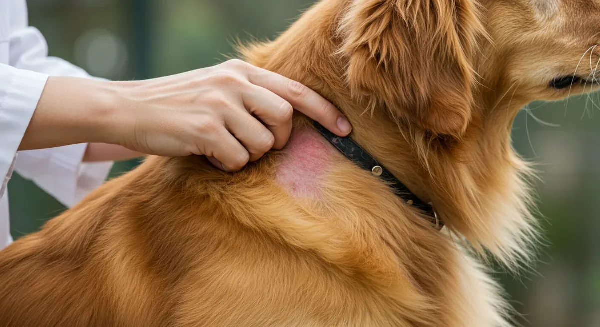 Close-up of Golden Retriever's neck showing redness and hair loss patches, demonstrating early warning signs of skin allergies and irritation