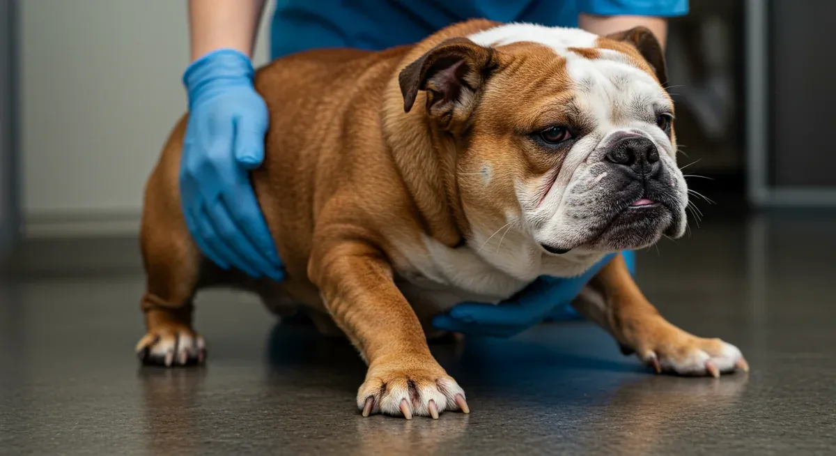 English Bulldog showing visible signs of food allergies including inflamed skin and scratching behavior during a veterinary examination