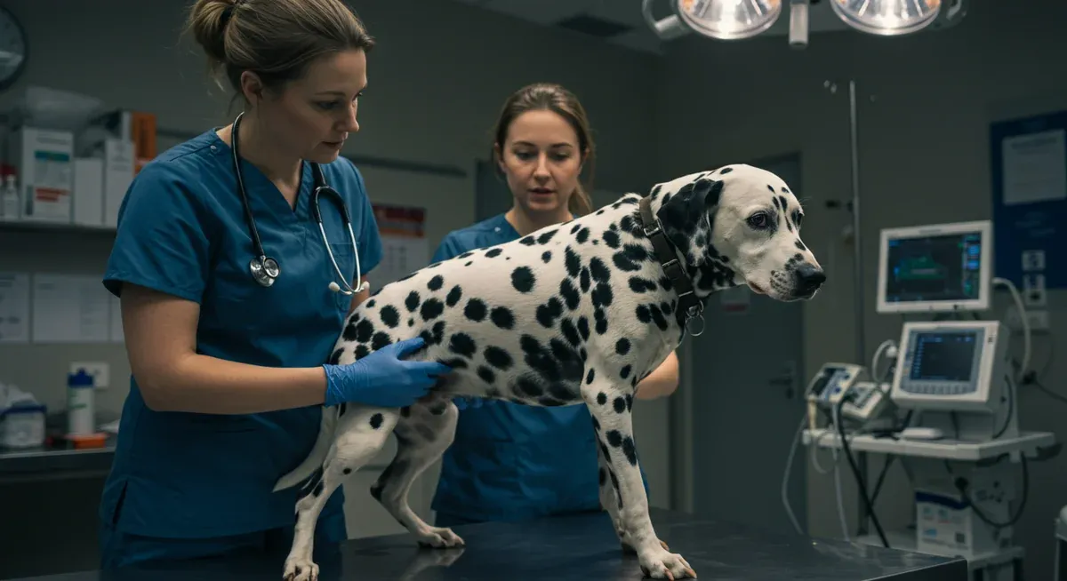 A veterinarian examining a Dalmatian dog showing symptoms of urinary stones, demonstrating the warning signs pet owners should watch for