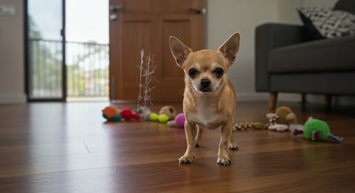 Distressed Chihuahua showing separation anxiety symptoms including drooling and destructive behavior near a damaged door
