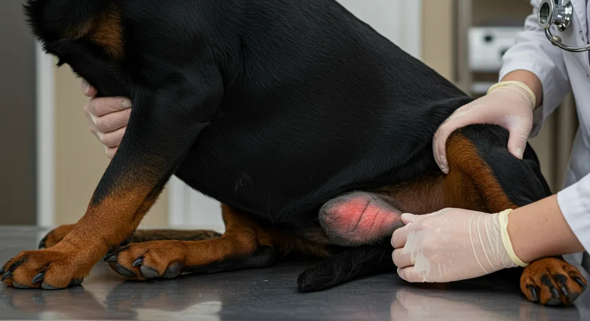Close-up of a Rottweiler showing red, inflamed skin on belly and paws being examined by a veterinarian, illustrating common allergy symptoms