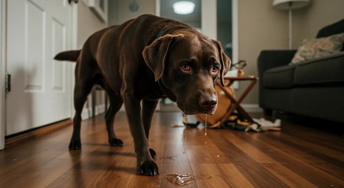 A chocolate Labrador showing signs of separation anxiety including pacing, drooling, and destructive chewing damage in a home interior