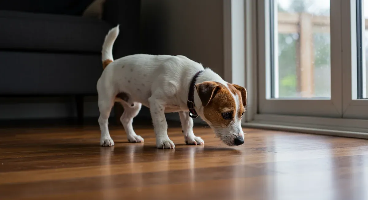 Jack Russell Terrier sniffing the ground indoors, demonstrating the warning signs that indicate the dog needs to go outside for toileting