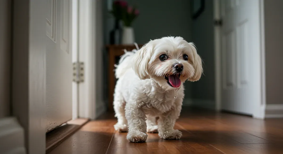 A Maltese dog showing signs of separation anxiety including drooling and panting while pacing near a door, demonstrating the physical symptoms of distress