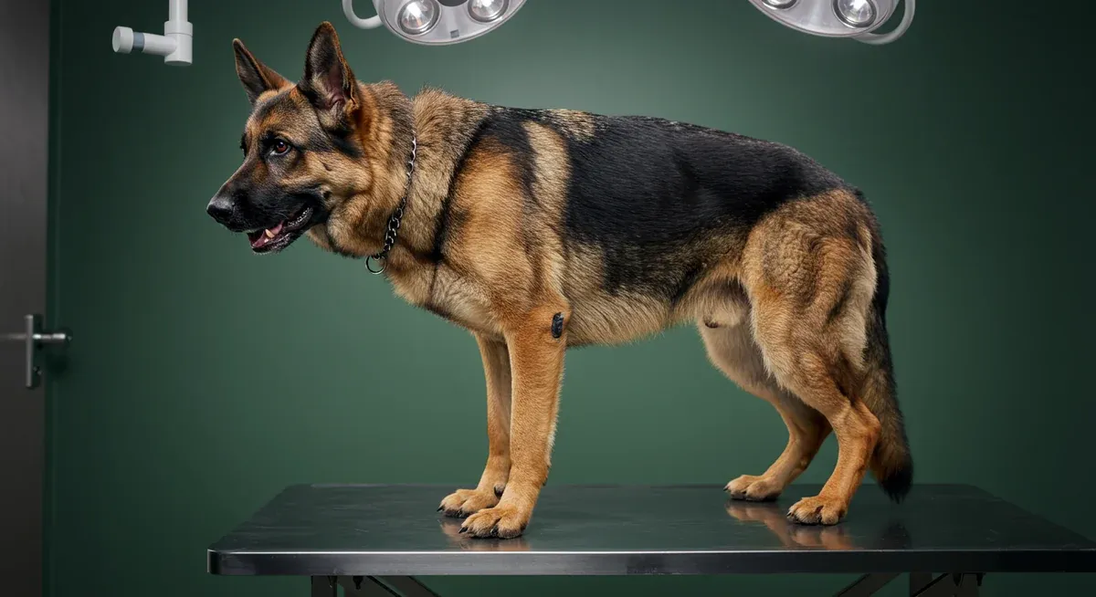 German Shepherd showing signs of bloat with distended abdomen and restless posture on veterinary examination table