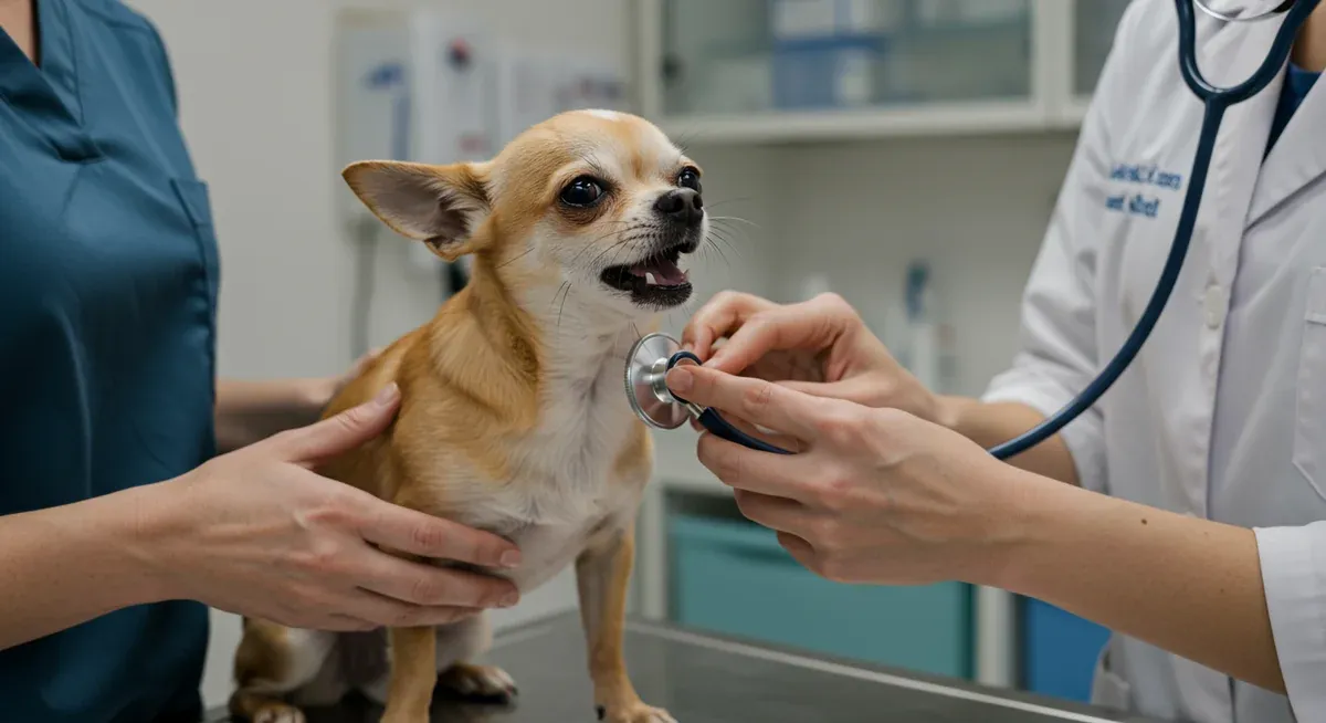 A veterinarian examining a Chihuahua showing signs of tracheal collapse, including the characteristic coughing posture that owners should recognize