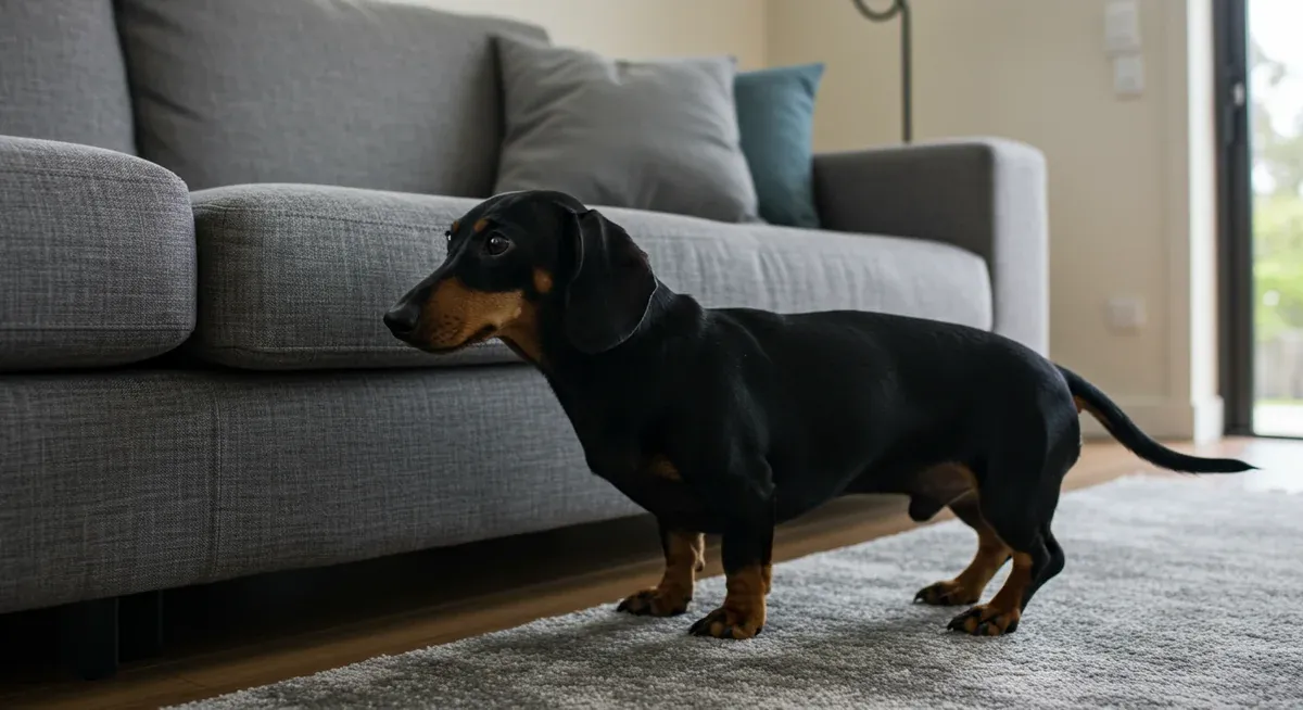 A black and tan Dachshund showing early signs of back problems, standing hesitantly near a couch with a slightly hunched posture, demonstrating the behavioral warning signs owners should watch for