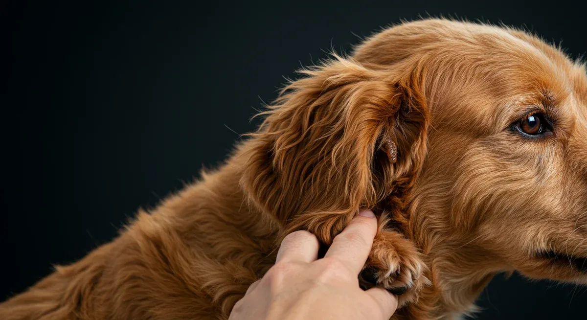 Close-up of a Goldendoodle's ear showing early signs of infection including redness, discharge, and scratching behavior