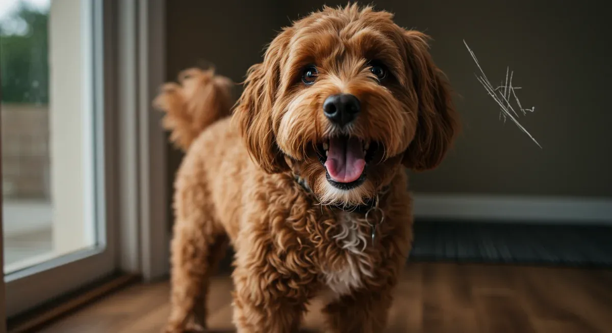 A distressed Cavoodle showing anxiety symptoms like panting and wide eyes near a scratched door, illustrating early warning signs of separation anxiety