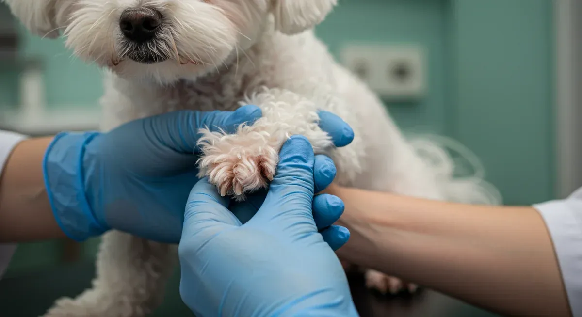 Veterinary examination of a Bichon Frise's paw showing red, inflamed skin and hair loss typical of early allergy symptoms