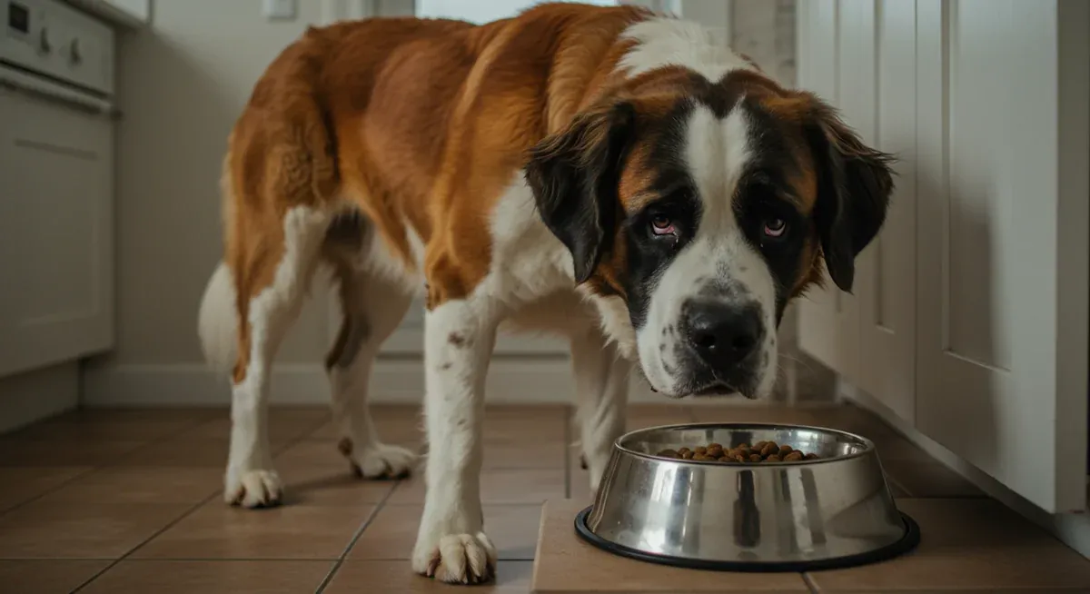 A Saint Bernard dog showing early warning signs of resource guarding behavior by standing protectively over their food bowl, demonstrating the subtle body language changes owners should watch for.