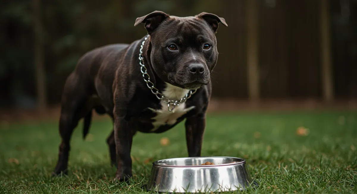 A Staffordshire Bull Terrier showing early warning signs of resource guarding near its food bowl, with visible body tension and alert posture
