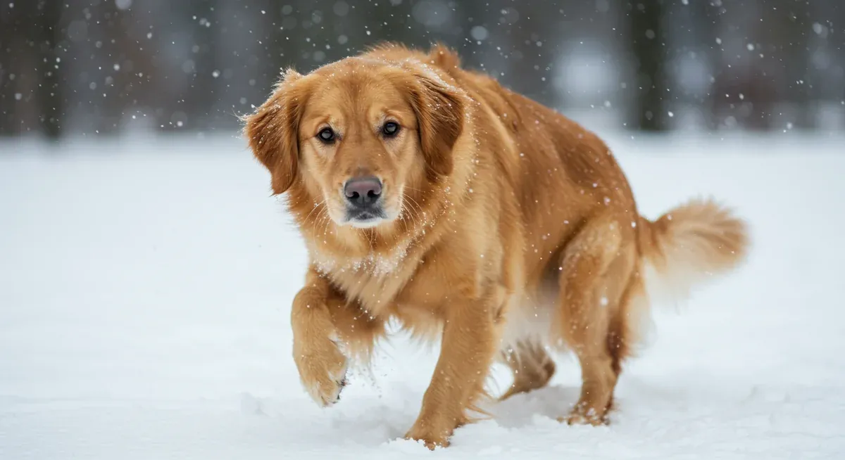 A Golden Retriever displaying cold stress symptoms including shivering and lifting a paw, illustrating the warning signs pet owners should watch for in cold weather