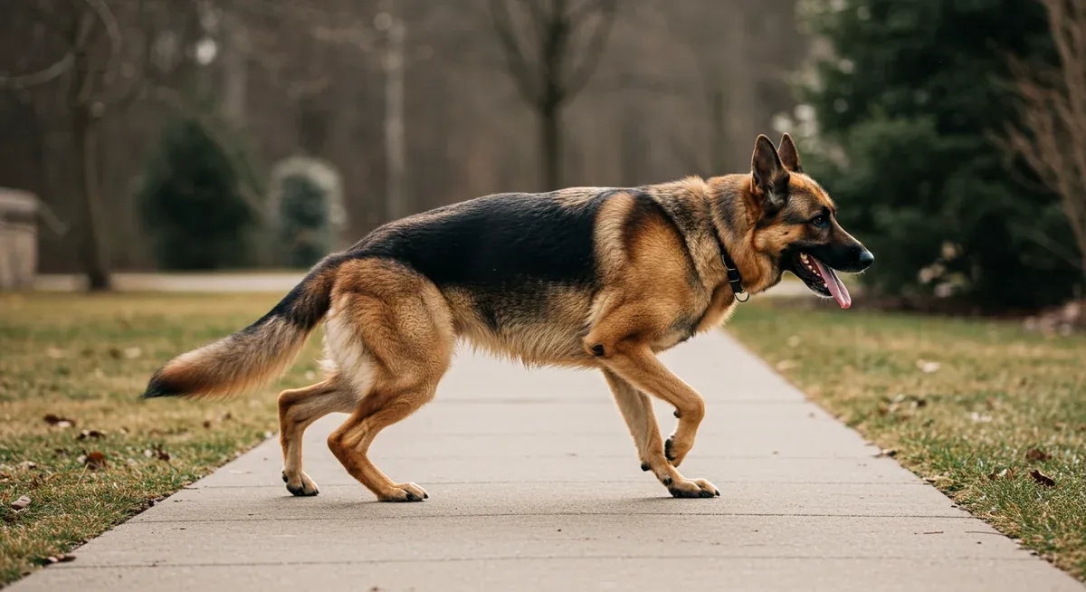 German Shepherd dog demonstrating bunny hopping gait with both back legs moving together, a key warning sign of hip dysplasia