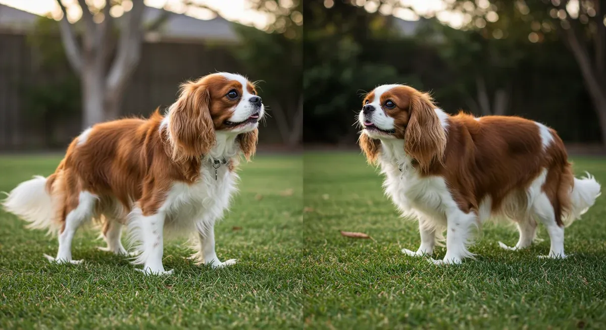 Side-by-side comparison of healthy weight versus overweight Cavalier King Charles Spaniels showing visible body condition differences