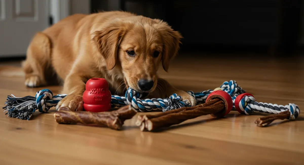 Golden Retriever puppy exploring various appropriate chew toys including rubber toys and rope toys, demonstrating proper redirection techniques for puppy biting