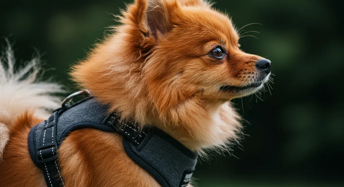 A Pomeranian wearing a proper chest harness that protects the delicate tracheal area, demonstrating preventive care for respiratory issues like tracheal collapse