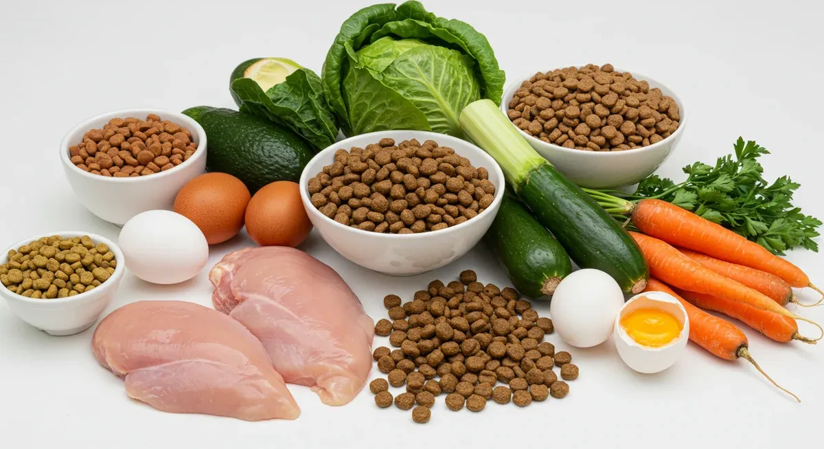 Variety of safe and nutritious foods for German Shepherds including protein sources, vegetables, and premium kibble arranged for display