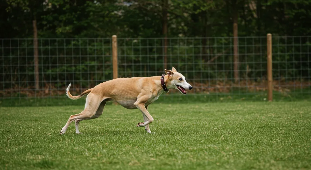 A Whippet running in a securely fenced area, showing the importance of safe boundaries for off-leash exercise