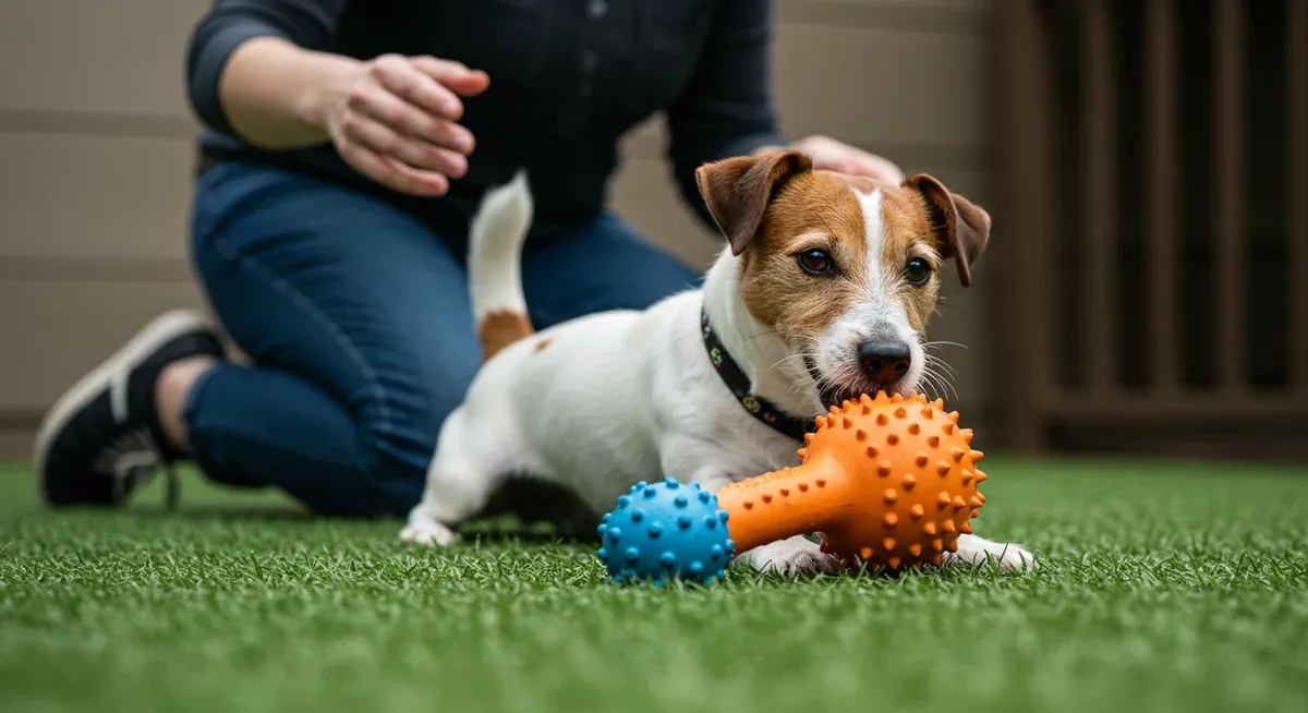 Jack Russell Terrier being closely supervised by owner while playing with appropriately-sized rubber toy, demonstrating safe toy play practices