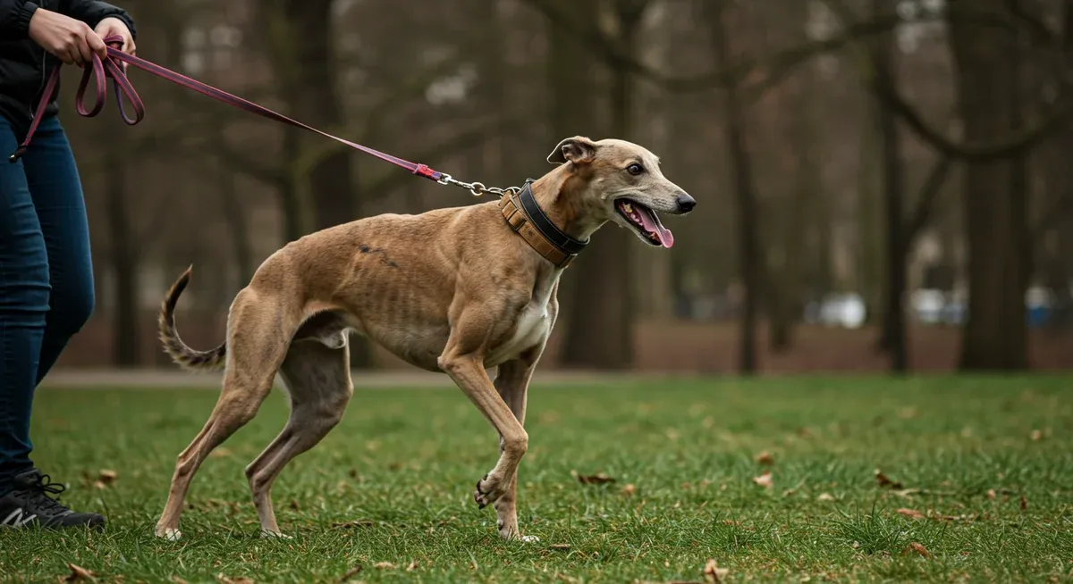A Greyhound on leash with its owner during exercise, showing the alert, focused expression that demonstrates their strong prey drive and need for secure handling