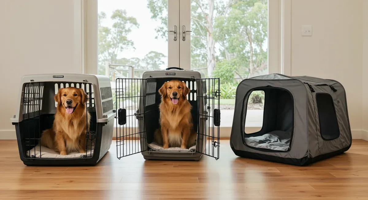 Three different types of dog crates suitable for Golden Retrievers - metal wire, plastic, and fabric - displayed side by side to show size and style options for crate training