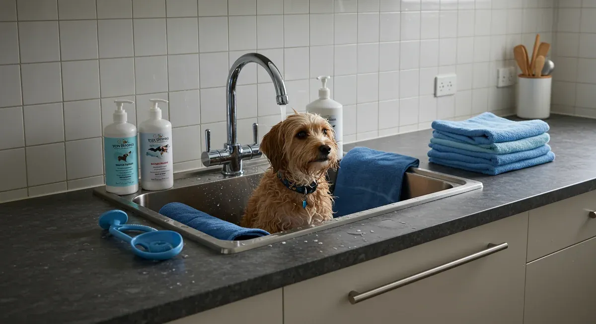A properly prepared bathing station with non-slip mat, lukewarm water, dog-specific shampoo, and towels ready for safe Chihuahua bathing