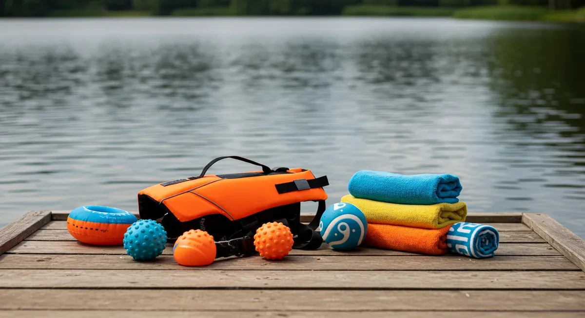 Swimming safety equipment including a canine life vest and floating toys arranged beside calm water, showing proper preparation for dog swim training