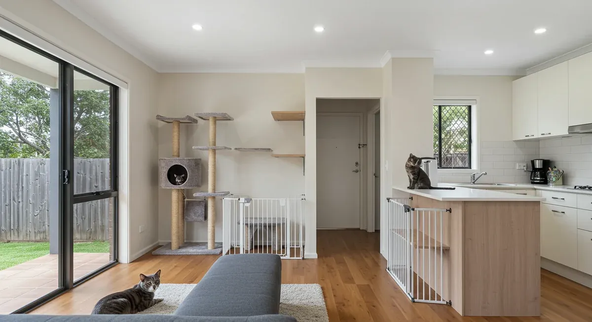 A well-organized home interior showing various pet-safe zones including cat trees, baby gates, and elevated feeding areas designed to help cats and dogs coexist safely