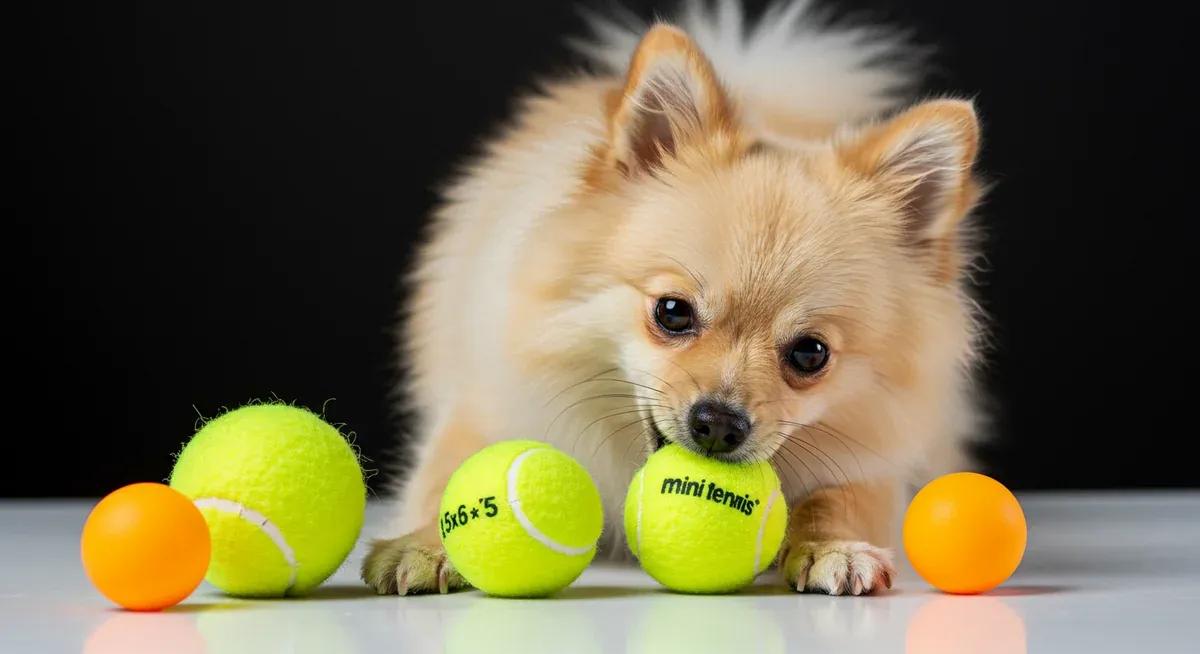 Pomeranian with different sized balls showing the importance of proper toy sizing, with the dog successfully gripping a mini tennis ball while larger balls appear too big for their small mouth