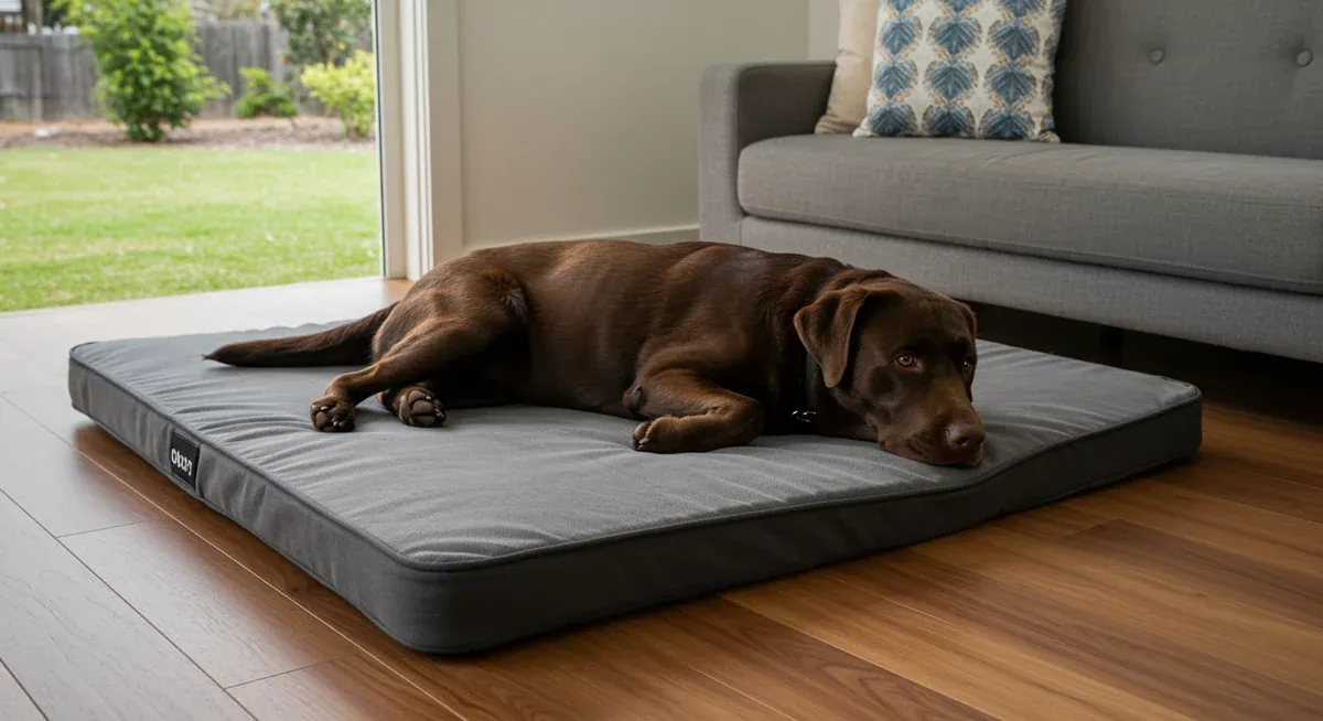 Chocolate Labrador stretched out on a properly sized large dog bed, demonstrating how Labs need adequate space to extend their legs comfortably