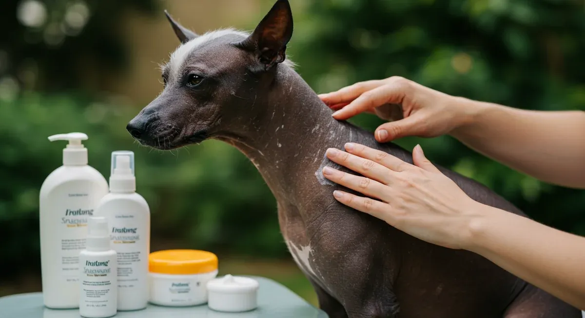 A hairless Xoloitzcuintli receiving sunscreen application as part of essential daily skin care, with specialized pet skincare products shown nearby