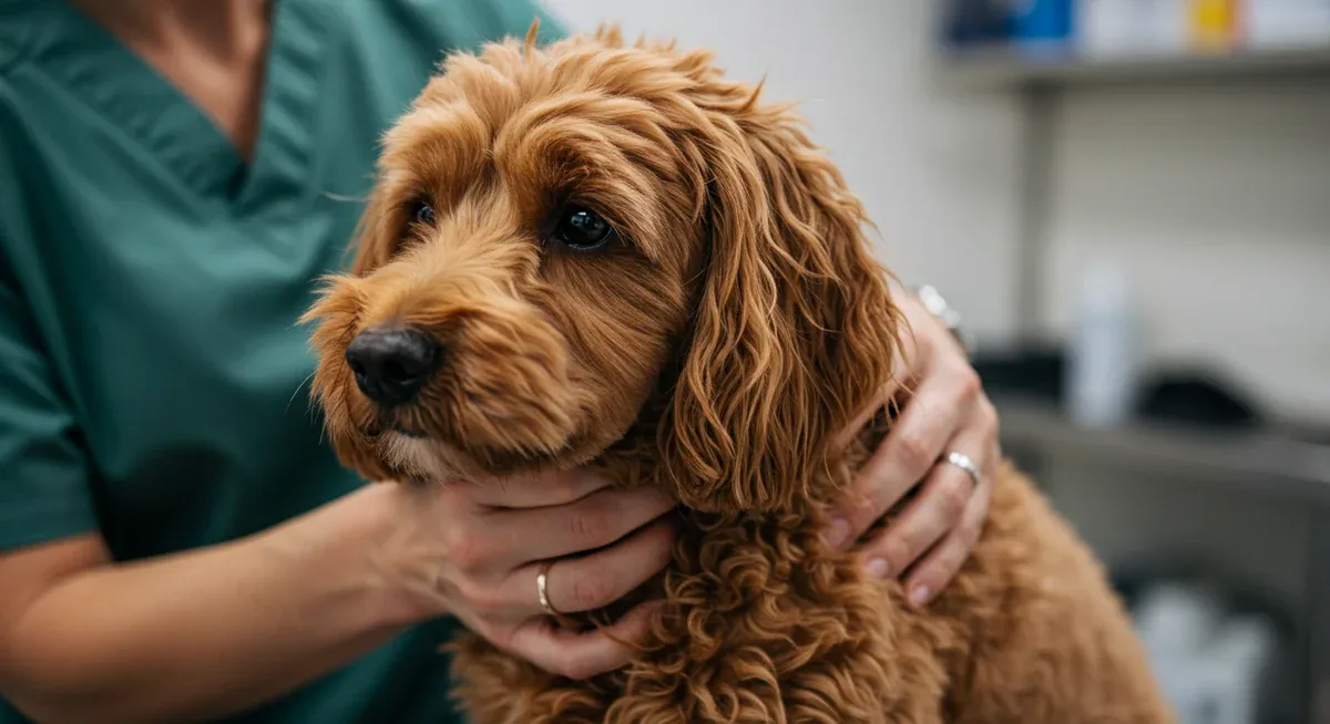 Veterinarian examining a Cavoodle's coat and skin for signs of allergies or skin conditions, demonstrating proper skin health assessment