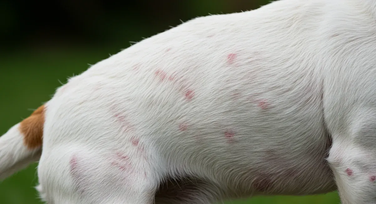 Close-up of Jack Russell Terrier showing skin irritation, red patches, and hair loss typical of allergic reactions and dermatitis