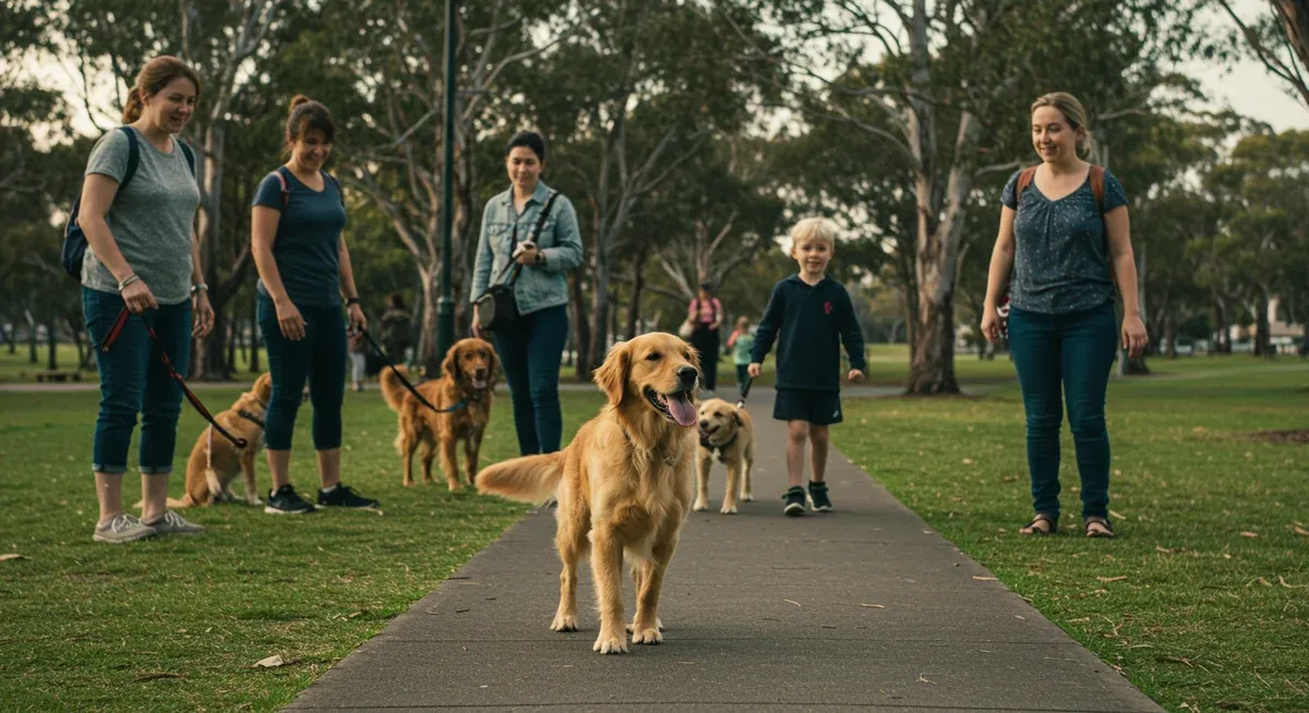 Golden Retriever puppy socializing with different people and dogs in a park, demonstrating proper early socialization techniques