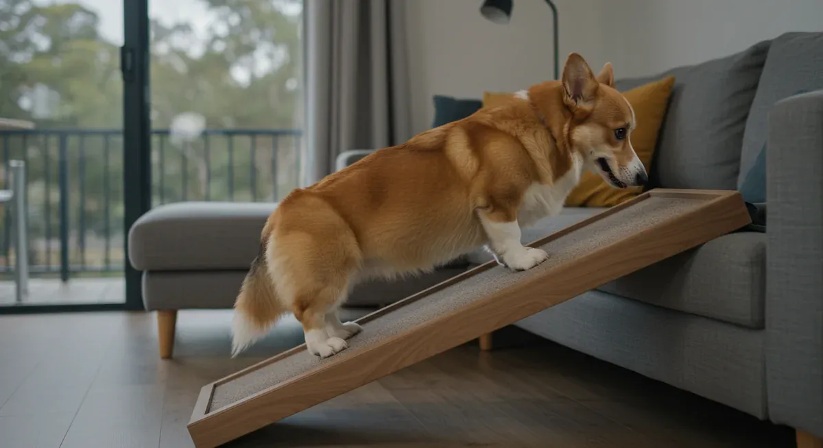 A Cardigan Welsh Corgi using a ramp to safely access furniture, illustrating spinal injury prevention techniques