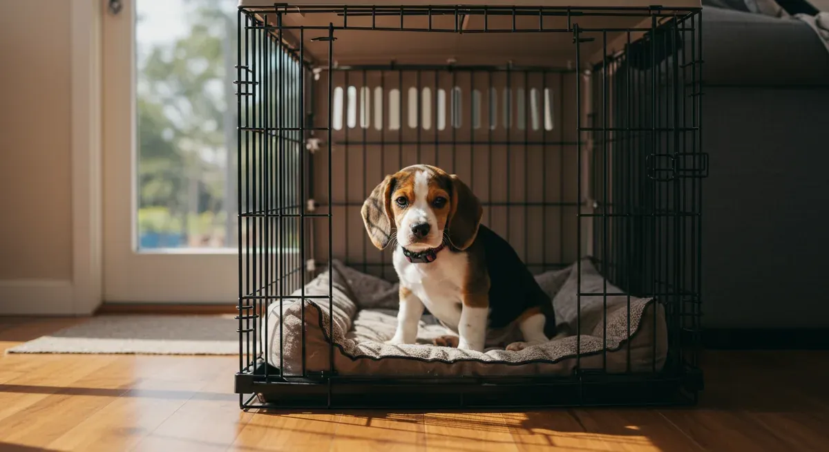 Beagle puppy resting comfortably in a wire crate with divider panel, demonstrating proper crate training setup for house training