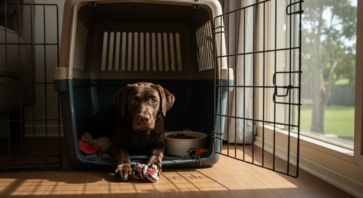 Chocolate Labrador puppy resting comfortably in open wire crate with toys and food bowl, showing proper crate training environment