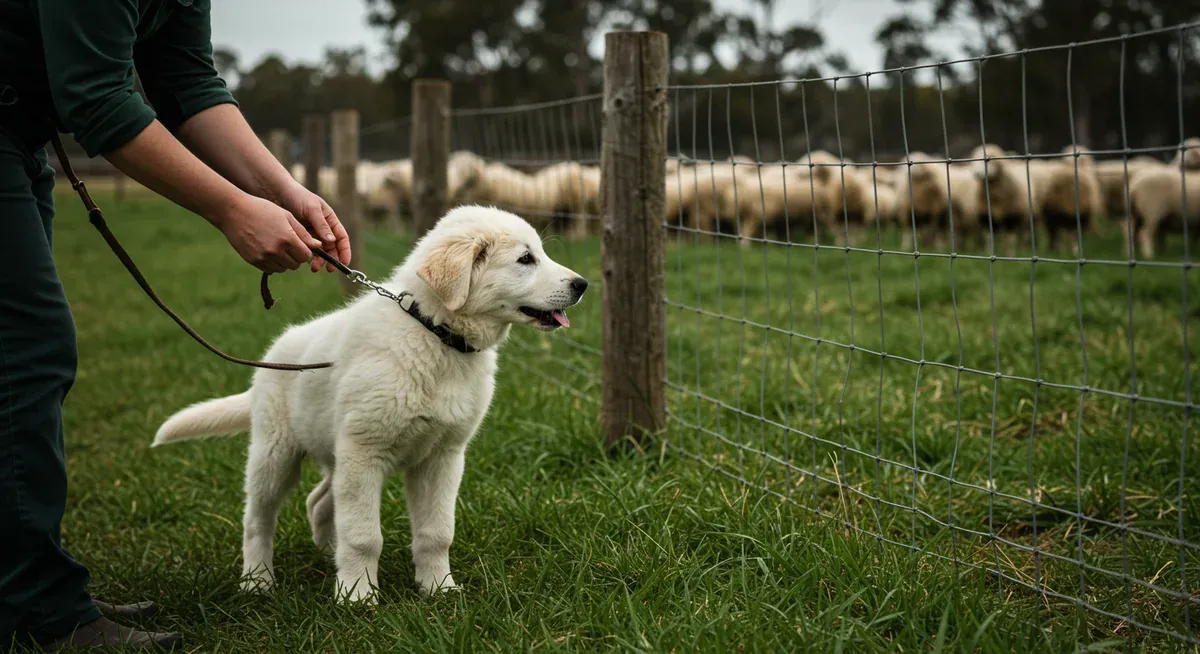 A Maremma puppy on leash learning boundary training near sheep, illustrating the early exposure and territory establishment process