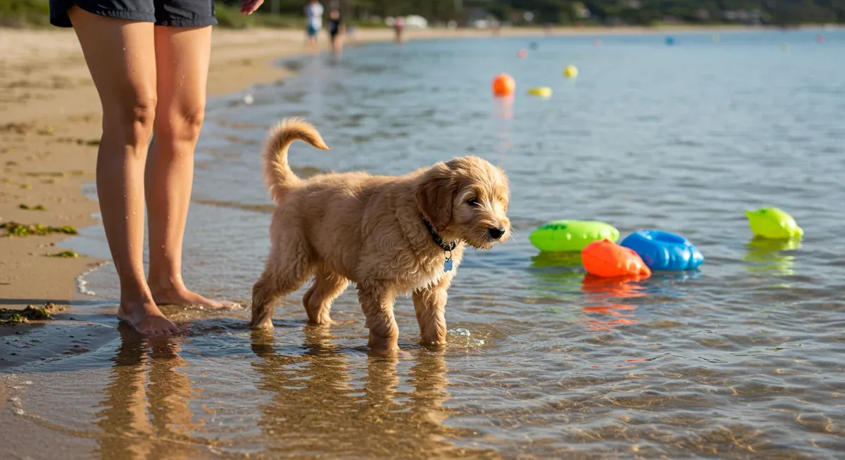 A Goldendoodle puppy carefully exploring shallow water with toys nearby, showing the gradual introduction process for teaching dogs to swim