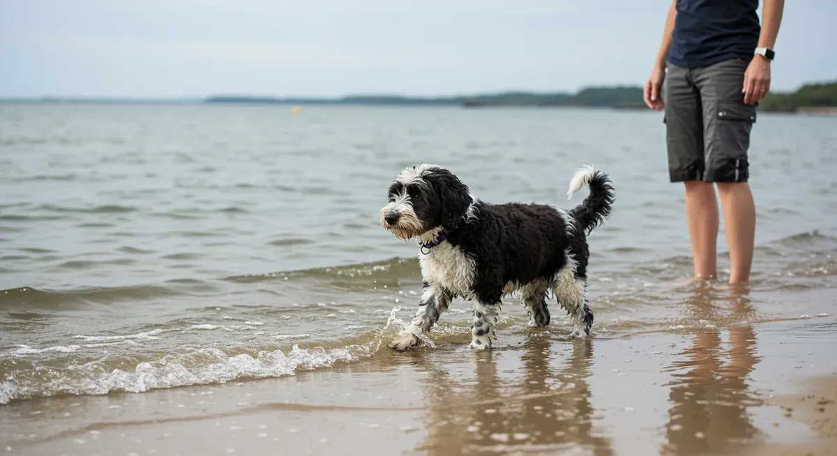 Portuguese Water Dog puppy cautiously entering shallow water with owner guidance, illustrating the gentle introduction methods described in the swimming lesson section