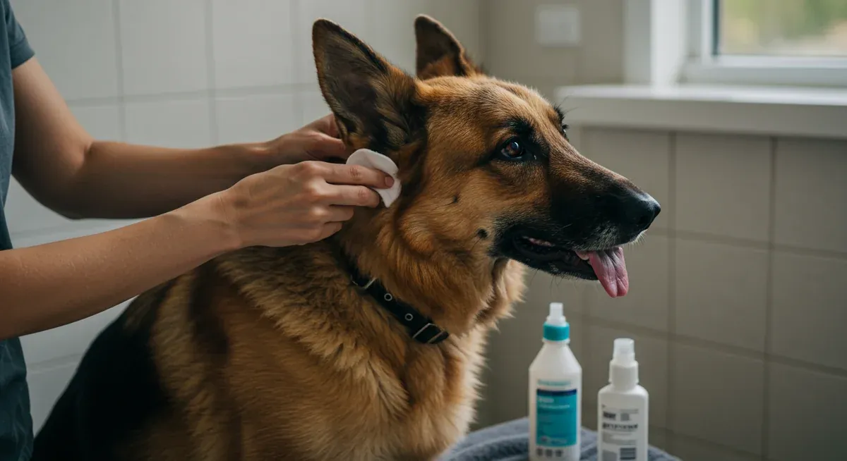 Person carefully cleaning a German Shepherd's ear with a cotton ball, demonstrating proper ear cleaning technique in a home setting