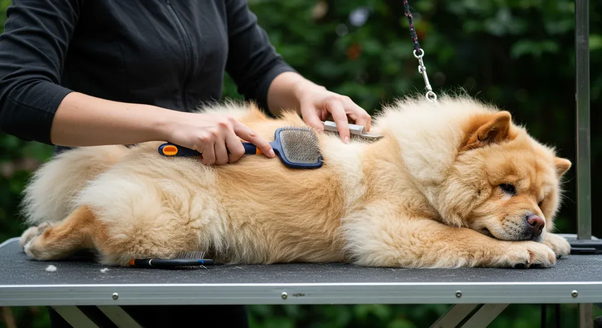 A Chow Chow positioned on its side during grooming, demonstrating the step-by-step sectional brushing technique from belly to spine