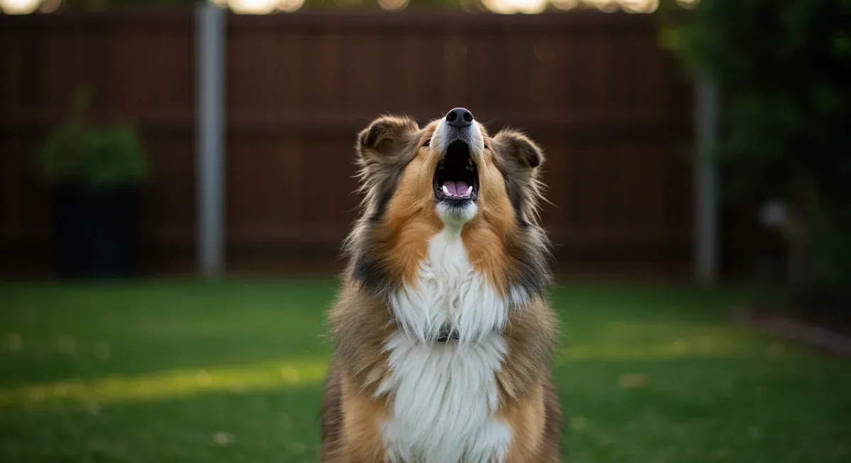 A Shetland Sheepdog barking with mouth open and alert stance, illustrating the breed's natural tendency toward excessive vocalization that owners need to manage through training